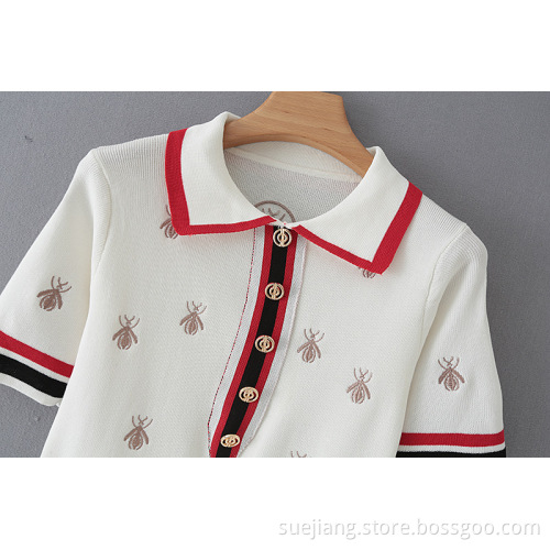 New Bee Pattern Embroidered Short Sleeve Knitted Lapel